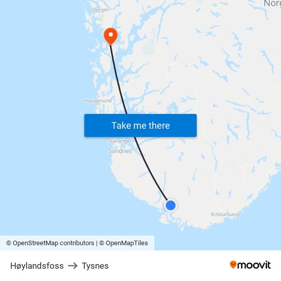 Høylandsfoss to Tysnes map