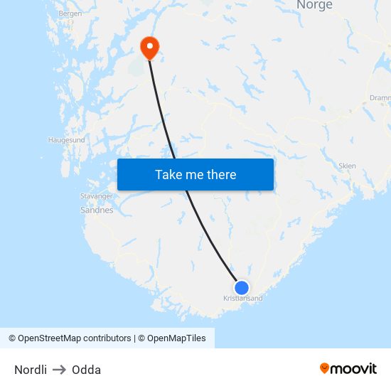 Nordli to Odda map