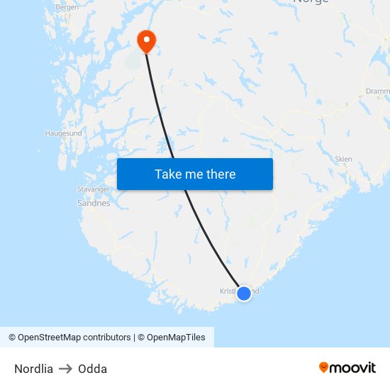 Nordlia to Odda map