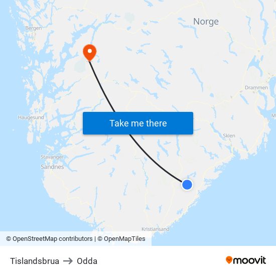 Tislandsbrua to Odda map