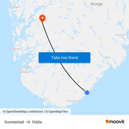 Konnestad to Odda map