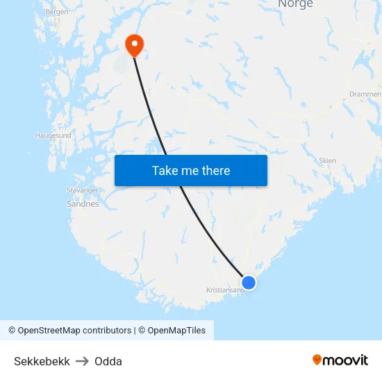 Sekkebekk to Odda map