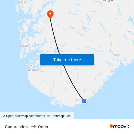 Gudbrandslia to Odda map