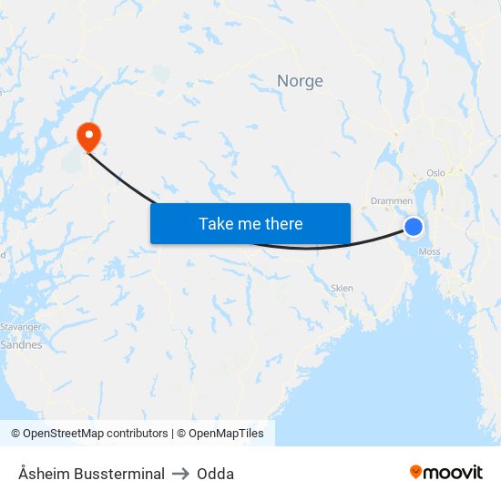 Åsheim Bussterminal to Odda map