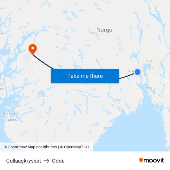 Gullaugkrysset to Odda map