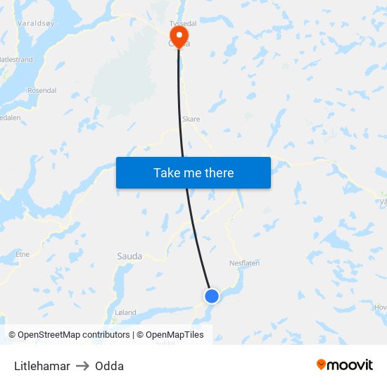 Litlehamar to Odda map