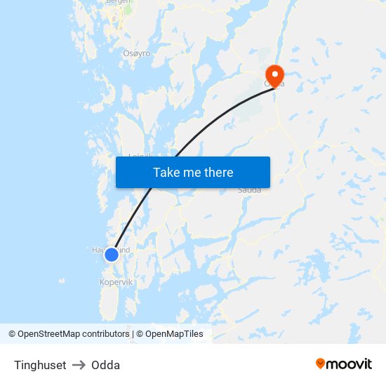 Tinghuset to Odda map
