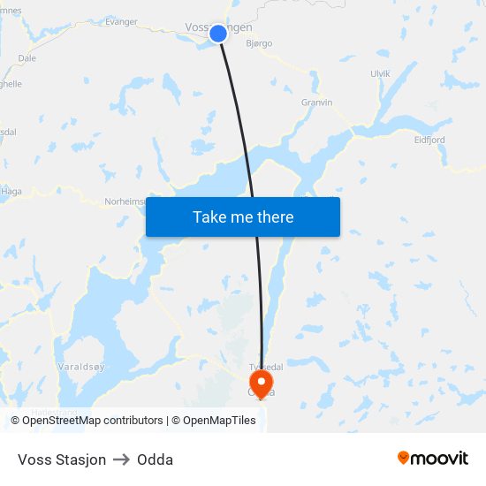 Voss Stasjon to Odda map