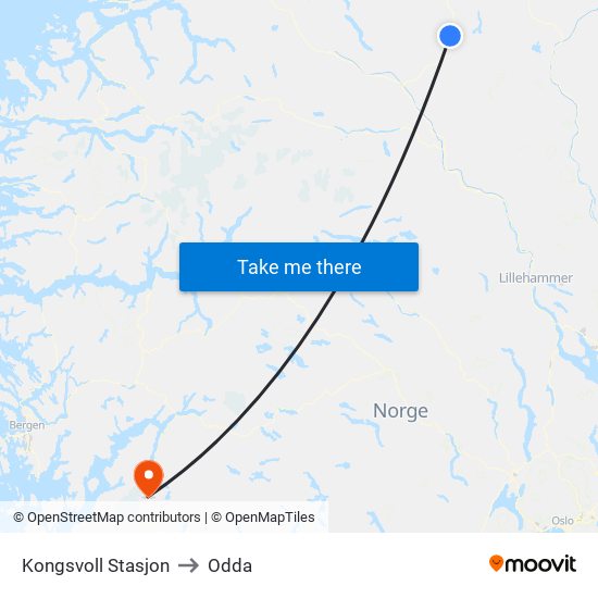 Kongsvoll Stasjon to Odda map