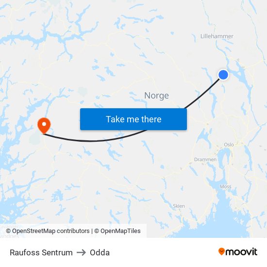 Raufoss Sentrum to Odda map