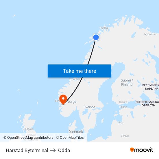 Harstad Byterminal to Odda map