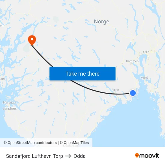 Sandefjord Lufthavn Torp to Odda map
