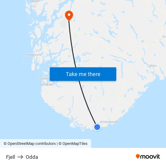 Fjell to Odda map