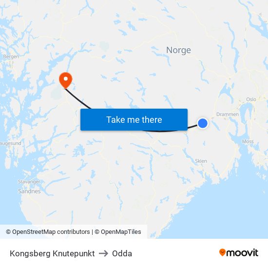 Kongsberg Knutepunkt to Odda map