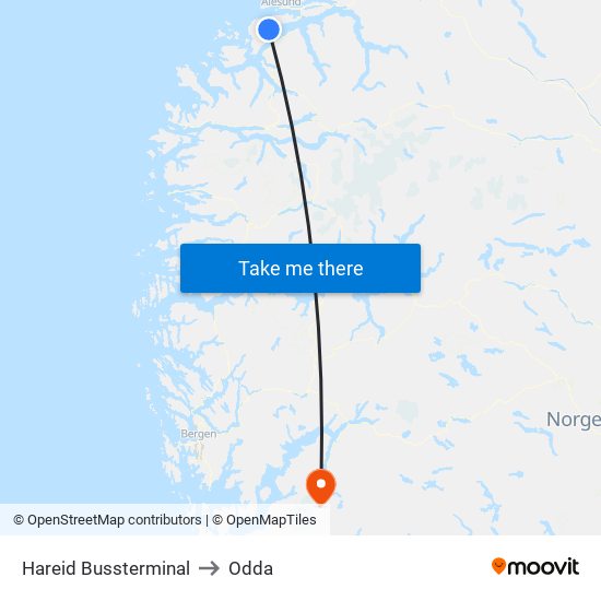 Hareid Bussterminal to Odda map