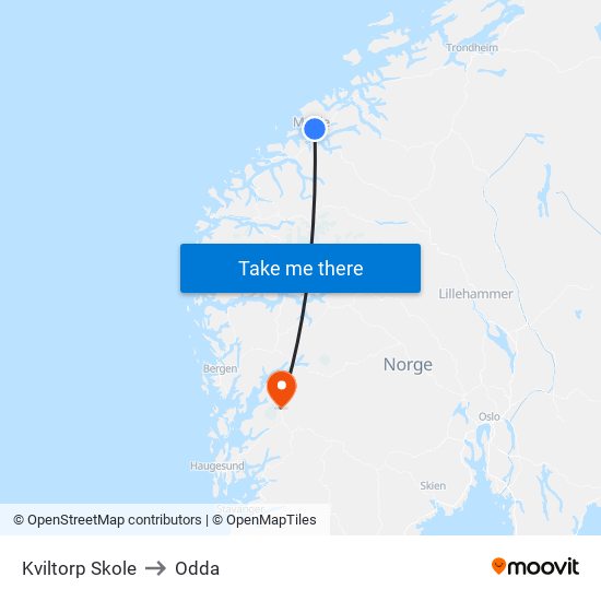 Kviltorp Skole to Odda map