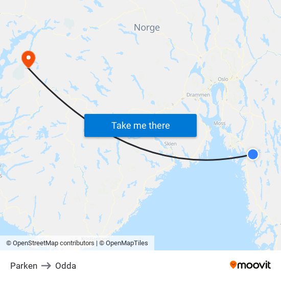 Parken to Odda map