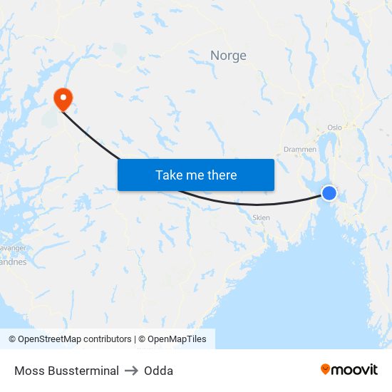 Moss Bussterminal to Odda map