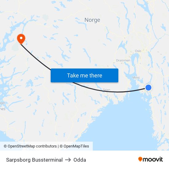 Sarpsborg Bussterminal to Odda map