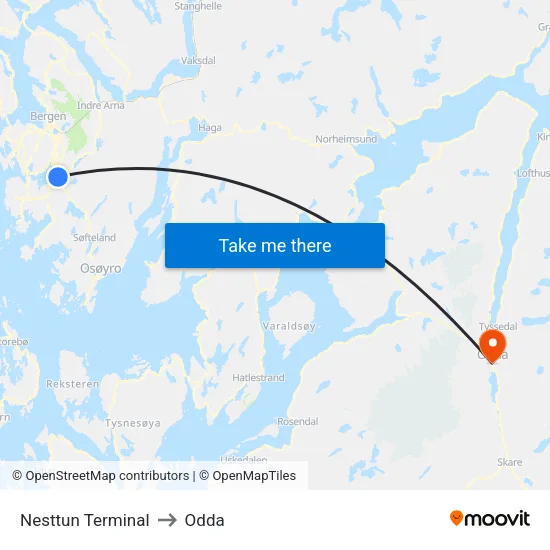 Nesttun Terminal to Odda map
