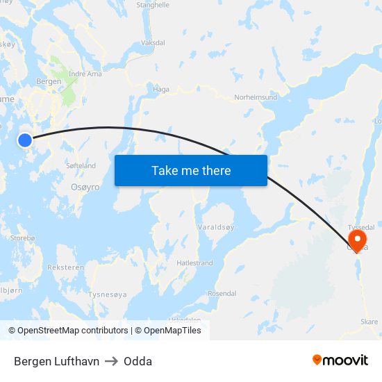 Bergen Lufthavn to Odda map