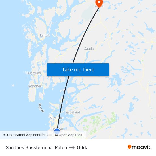 Sandnes Bussterminal Ruten to Odda map