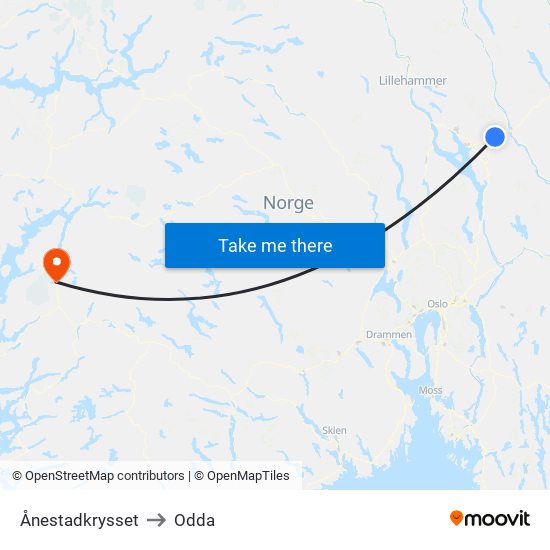 Ånestadkrysset to Odda map