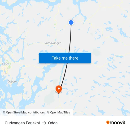 Gudvangen Ferjekai to Odda map