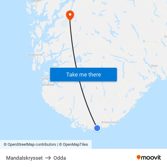 Mandalskrysset to Odda map