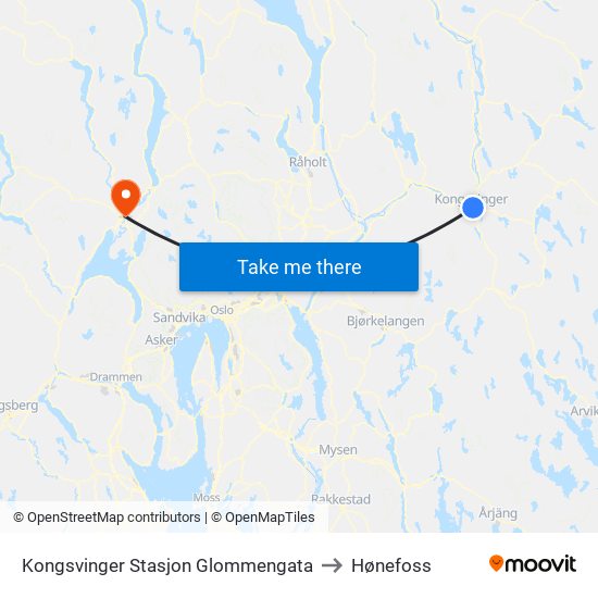 Kongsvinger Stasjon Glommengata to Hønefoss map