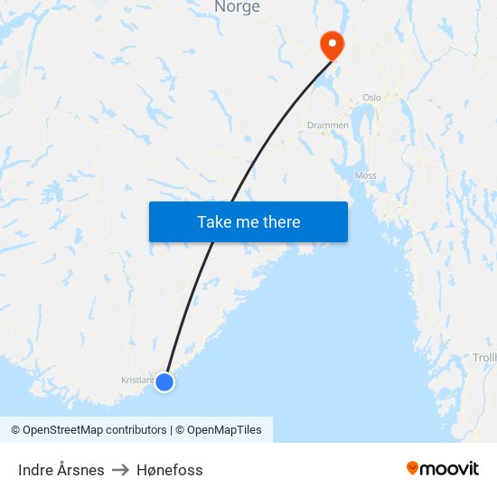 Indre Årsnes to Hønefoss map