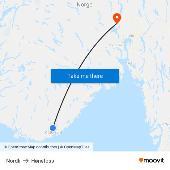 Nordli to Hønefoss map