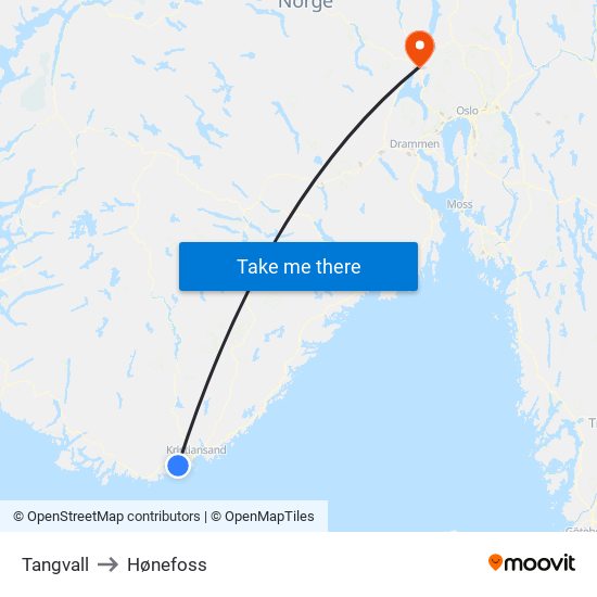 Tangvall to Hønefoss map