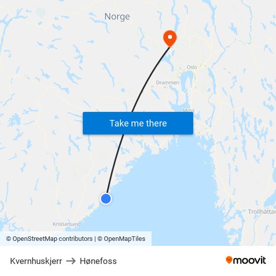 Kvernhuskjerr to Hønefoss map