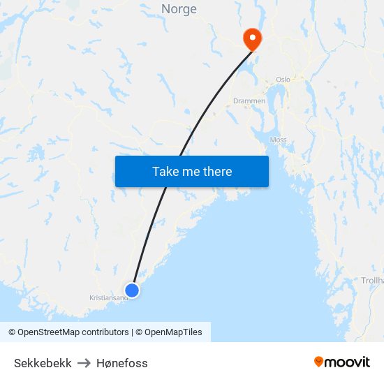 Sekkebekk to Hønefoss map