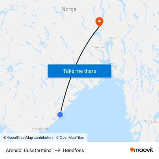 Arendal Bussterminal to Hønefoss map