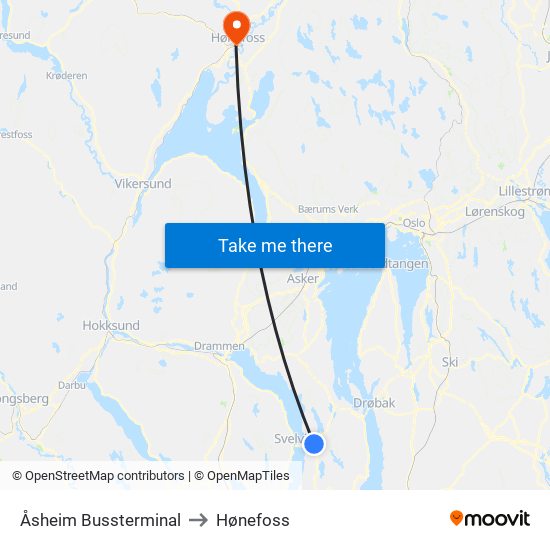 Åsheim Bussterminal to Hønefoss map