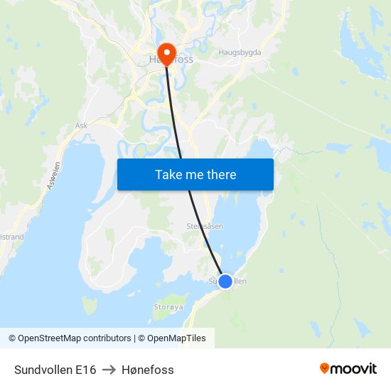 Sundvollen E16 to Hønefoss map