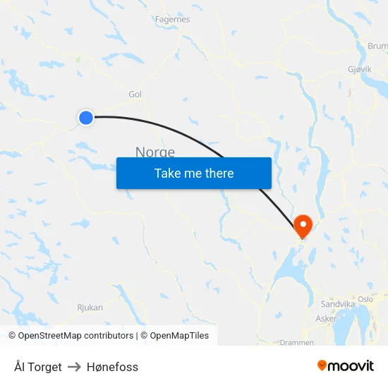 Ål Torget to Hønefoss map