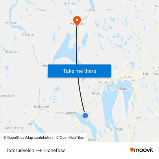 Torsrudveien to Hønefoss map