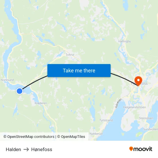 Halden to Hønefoss map
