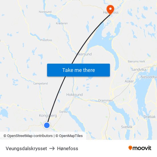 Veungsdalskrysset to Hønefoss map