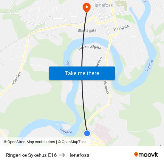 Ringerike Sykehus E16 to Hønefoss map
