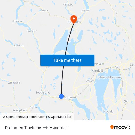 Drammen Travbane to Hønefoss map