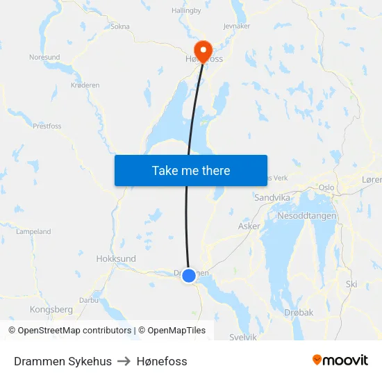 Drammen Sykehus to Hønefoss map