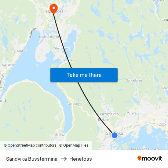 Sandvika Bussterminal to Hønefoss map