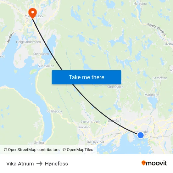 Vika Atrium to Hønefoss map