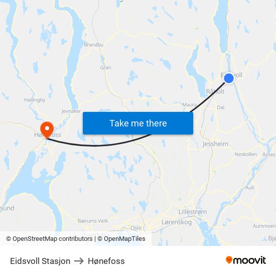 Eidsvoll Stasjon to Hønefoss map