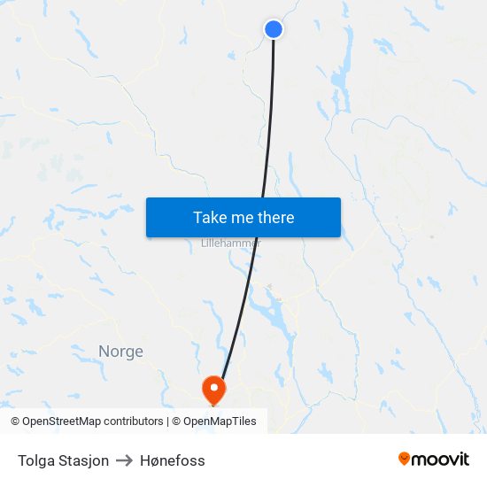 Tolga Stasjon to Hønefoss map