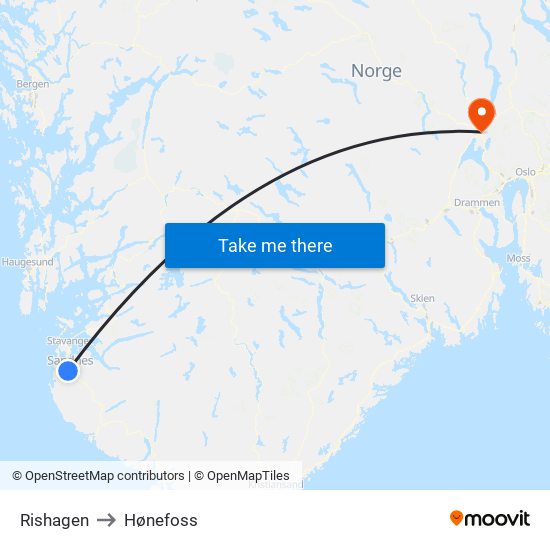 Rishagen to Hønefoss map